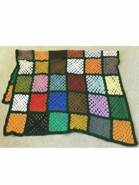 Handmade Bright Block Afghan Throw Crochet Black Jewel Fall Roseanne Colorful